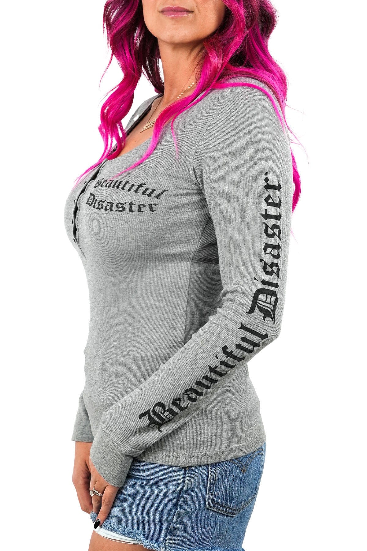 Beautiful Disaster Henley - Gray - Image 4