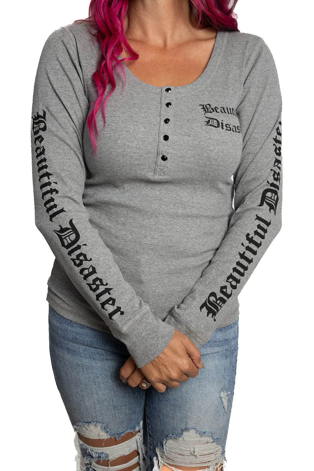 Beautiful Disaster Henley - Gray - Image 8